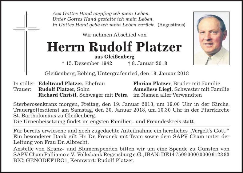 Traueranzeige Rudolf Platzer