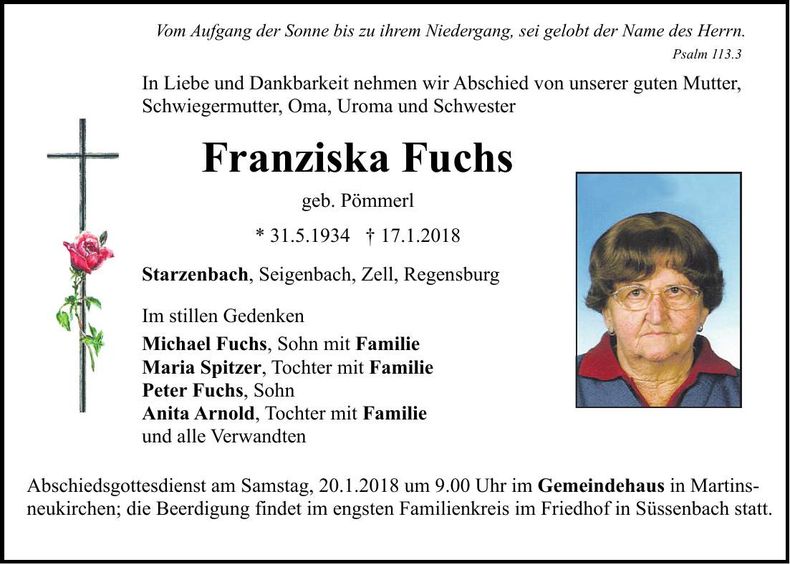 Traueranzeige Franziska Fuchs