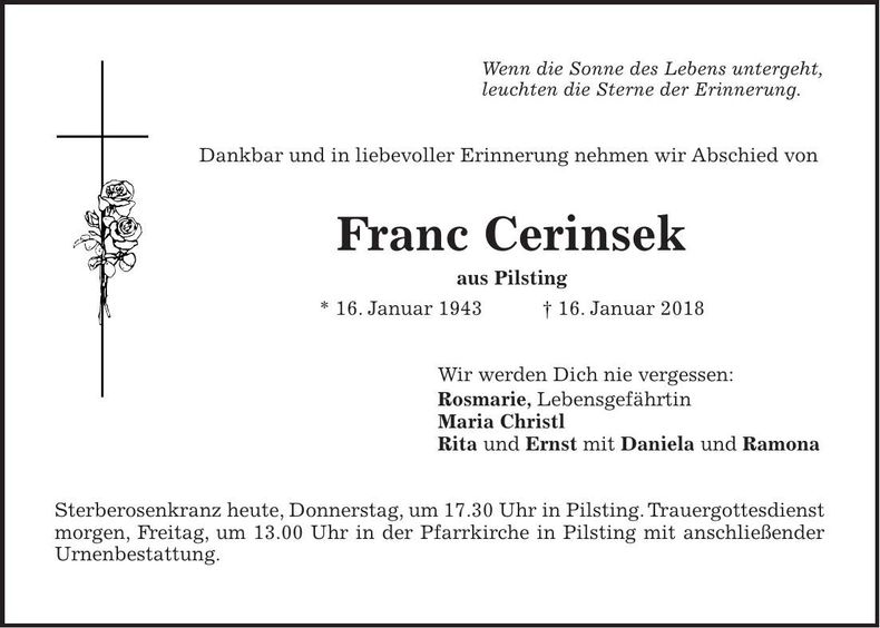 Traueranzeige Franc Cerinsek