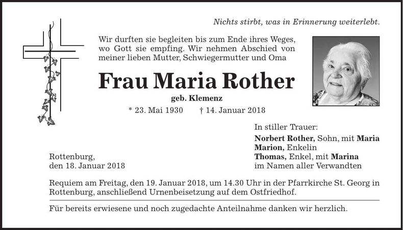 Traueranzeige Maria Rother