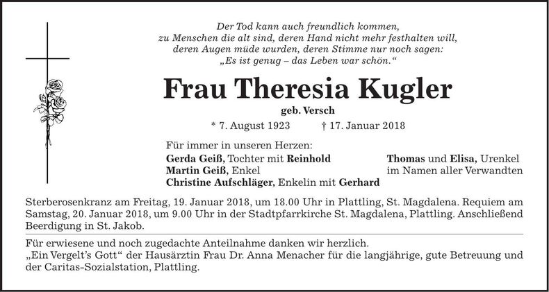 Traueranzeige Theresia Kugler