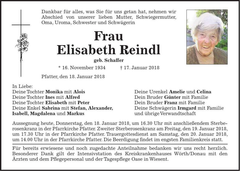 Traueranzeige Elisabeth Reindl