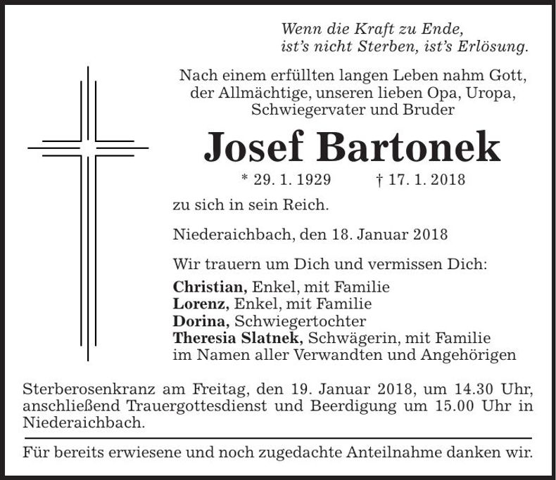 Traueranzeige Josef Bartonek