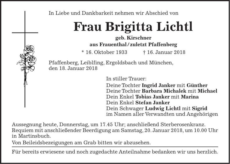 Traueranzeige Brigitta Lichtl