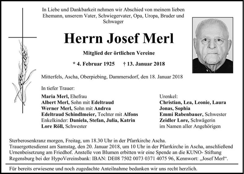 Traueranzeige Josef Merl