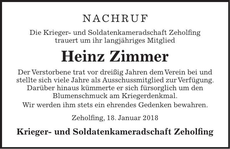 Traueranzeige Heinz Zimmer