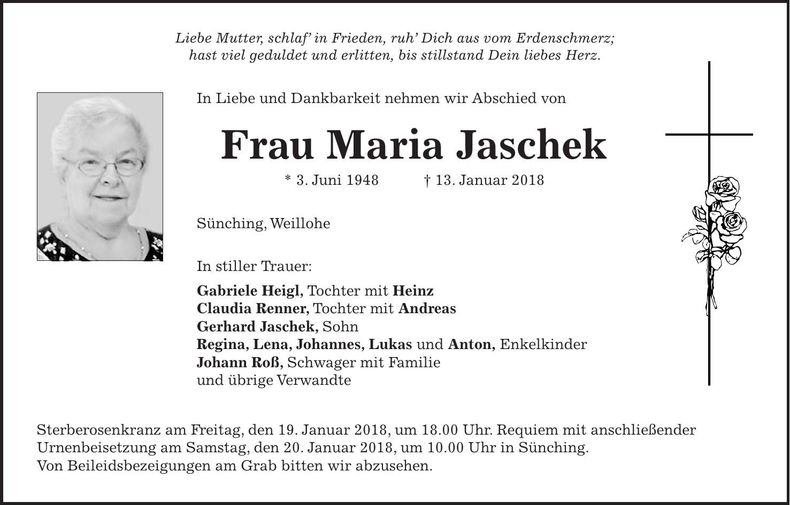 Traueranzeige Maria Jaschek