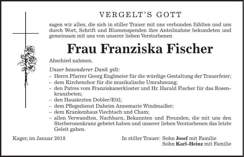 Traueranzeige Franziska Fischer