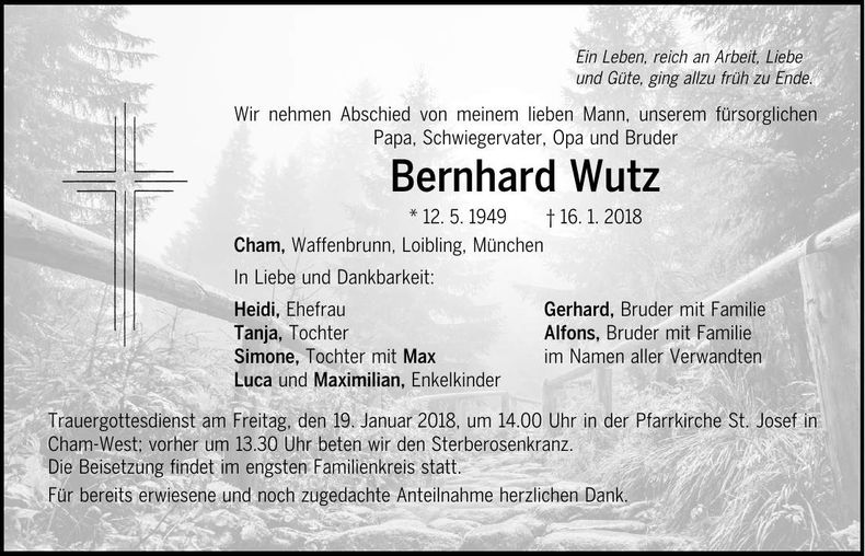 Traueranzeige Bernhard Wutz
