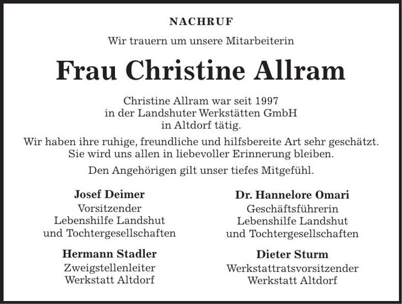 Traueranzeige Christine Allram