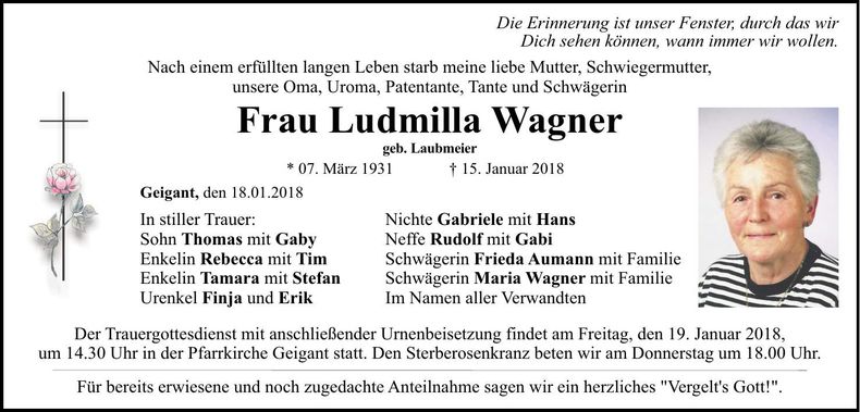 Traueranzeige Ludmilla Wagner