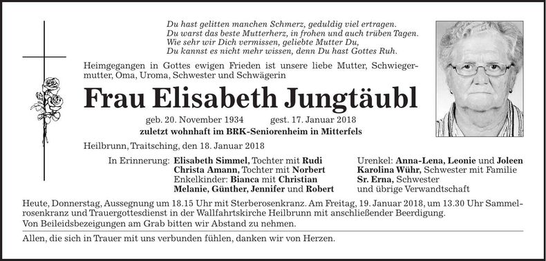 Traueranzeige Elisabeth Jungtäubl