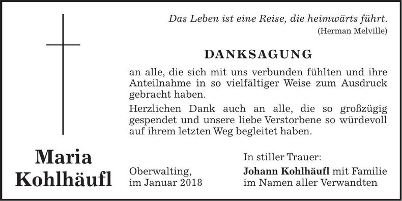 Traueranzeige Maria Kohlhäufl