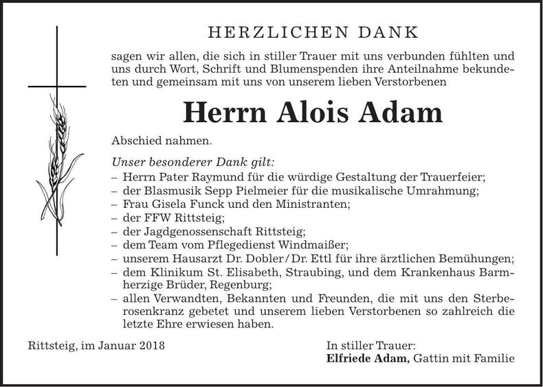 Traueranzeige Alois Adam