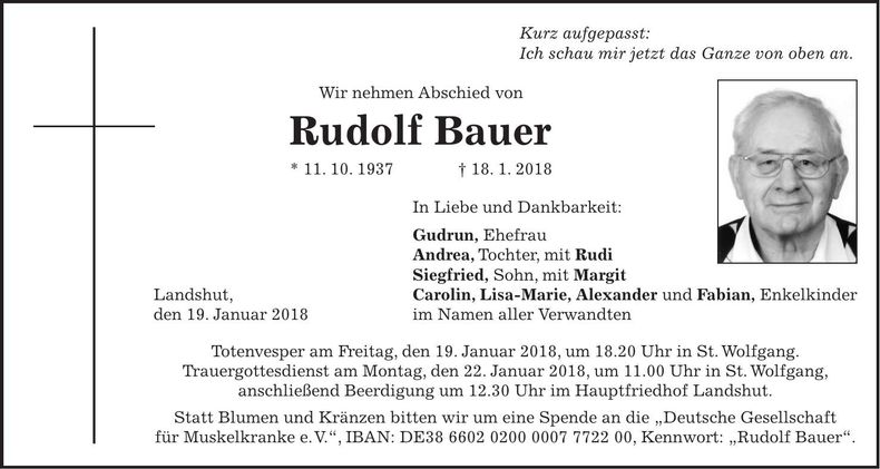 Traueranzeige Rudolf Bauer
