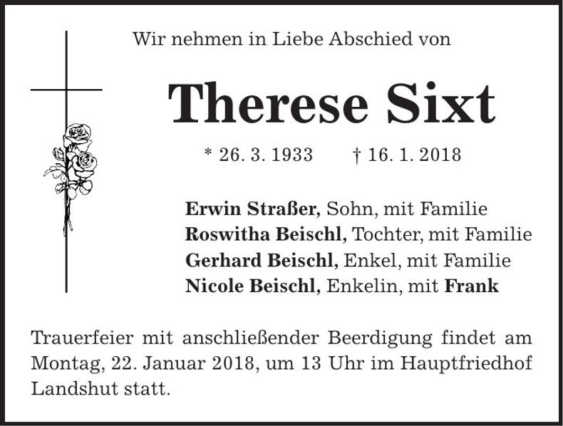 Traueranzeige Therese Sixt