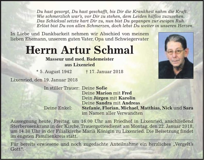 Traueranzeige Artur Schmal