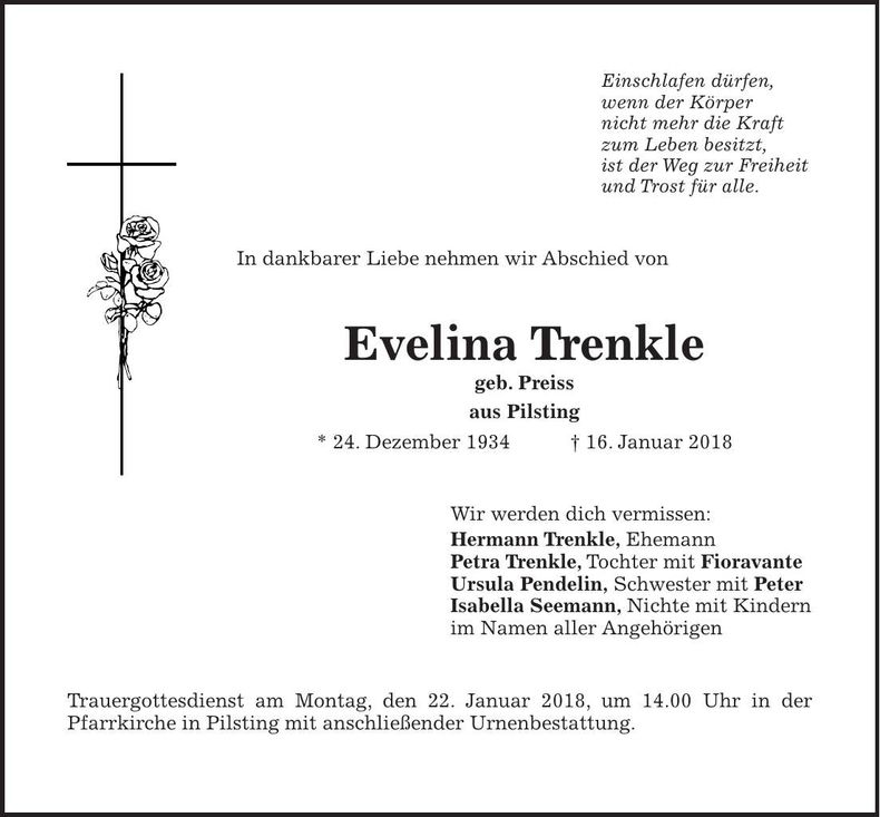 Traueranzeige Evelina Trenkle