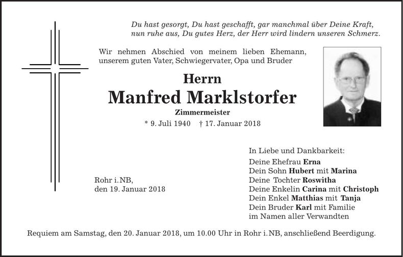 Traueranzeige Manfred Marklstorfer