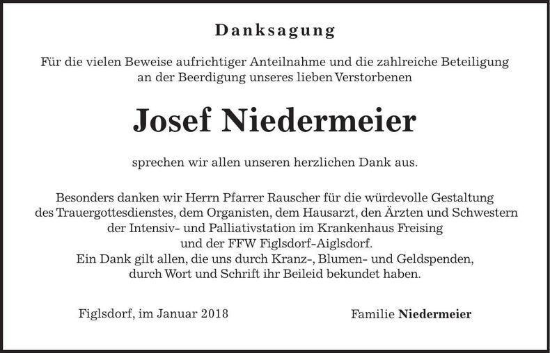 Traueranzeige Josef Niedermeier