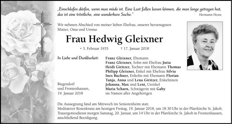 Traueranzeige Hedwig Gleixner