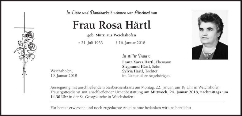 Traueranzeige Rosa Härtl