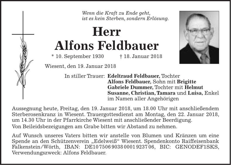 Traueranzeige Alfons Feldbauer