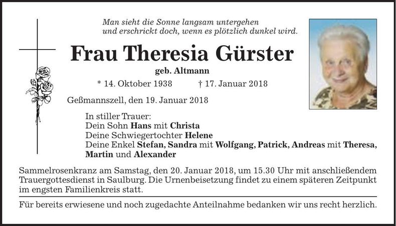 Traueranzeige Theresia Gürster