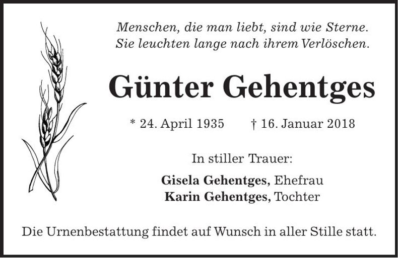 Traueranzeige Günter Gehentges