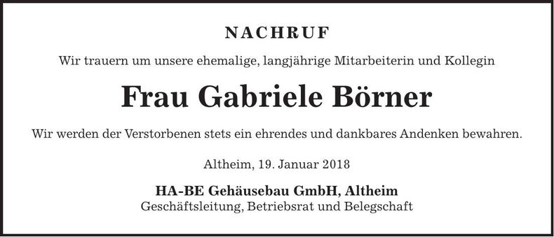 Traueranzeige Gabriele Börner