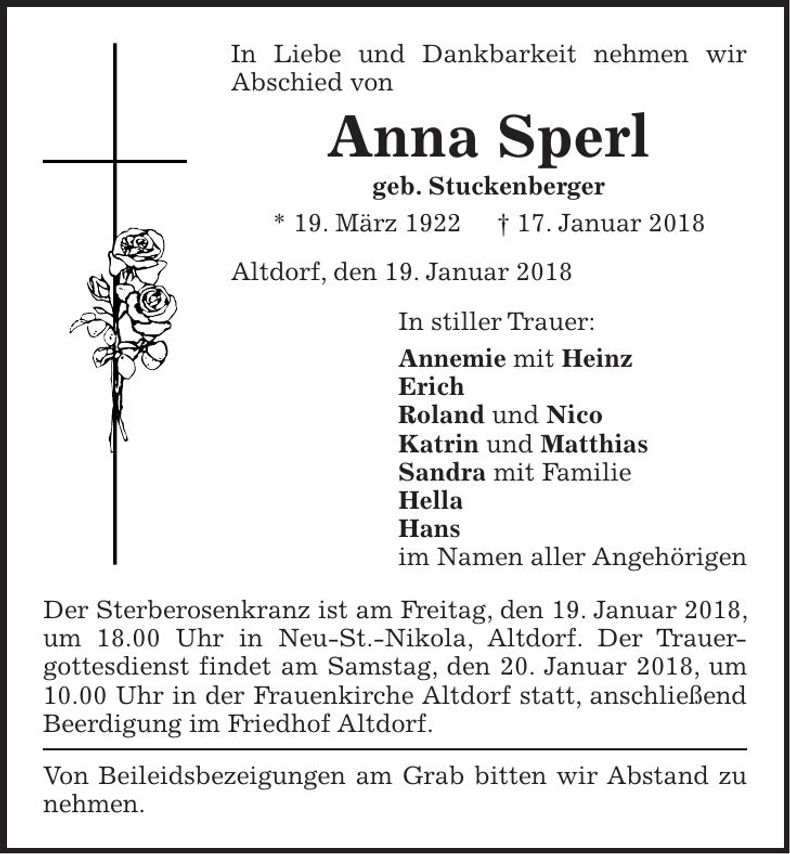 Traueranzeige Anna Sperl