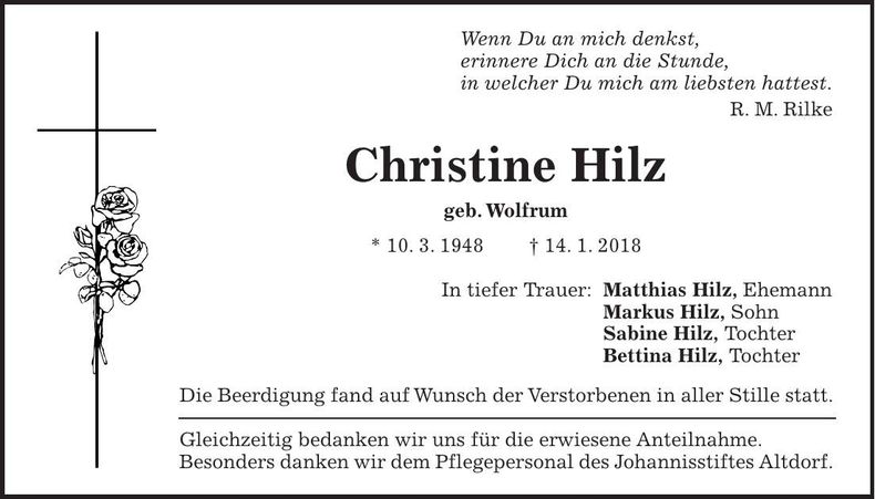 Traueranzeige Christine Hilz
