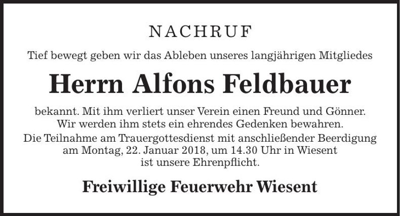 Traueranzeige Alfons Feldbauer