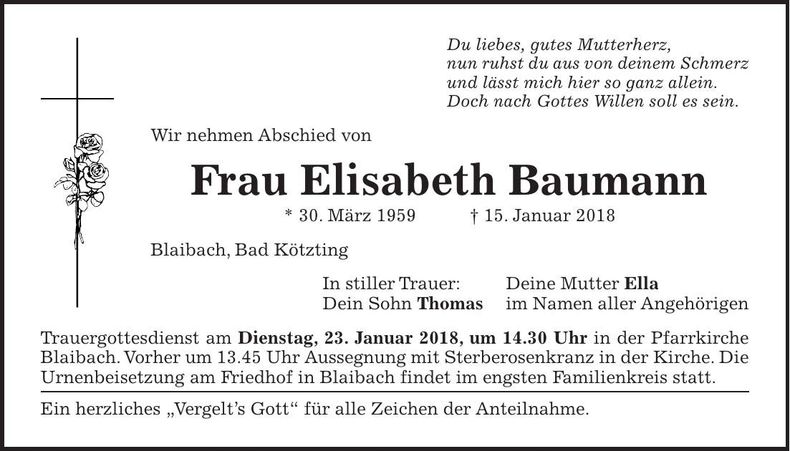 Traueranzeige Elisabeth Baumann