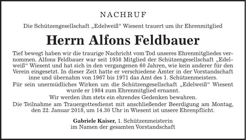 Traueranzeige Alfons Feldbauer