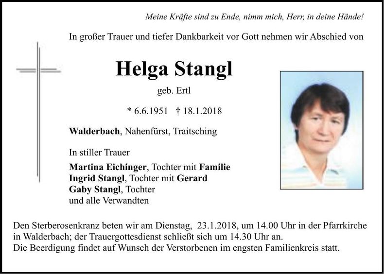 Traueranzeige Helga Stangl