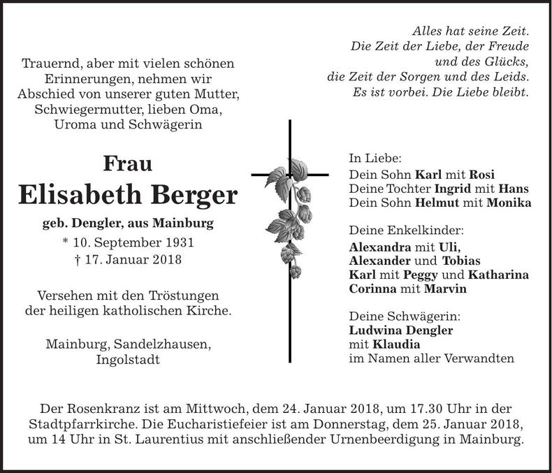 Traueranzeige Elisabeth Berger