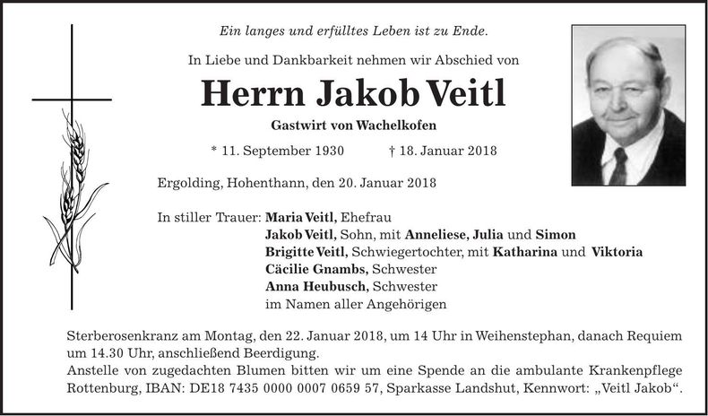 Traueranzeige Jakob Veitl