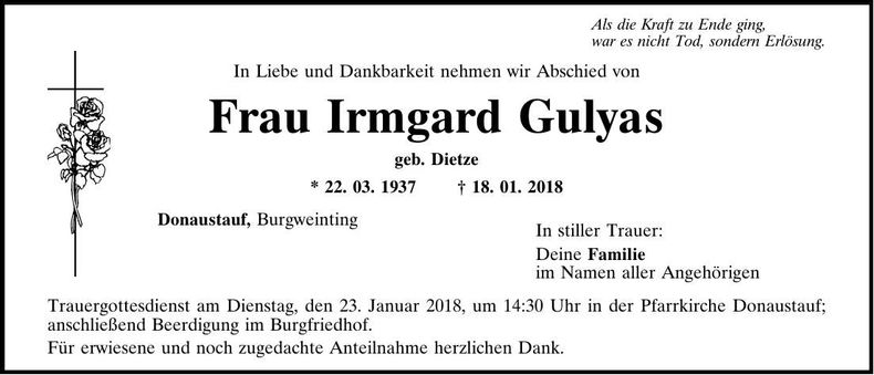 Traueranzeige Irmgard Gulyas