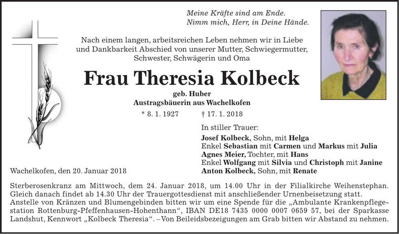 Traueranzeige Theresia Kolbeck