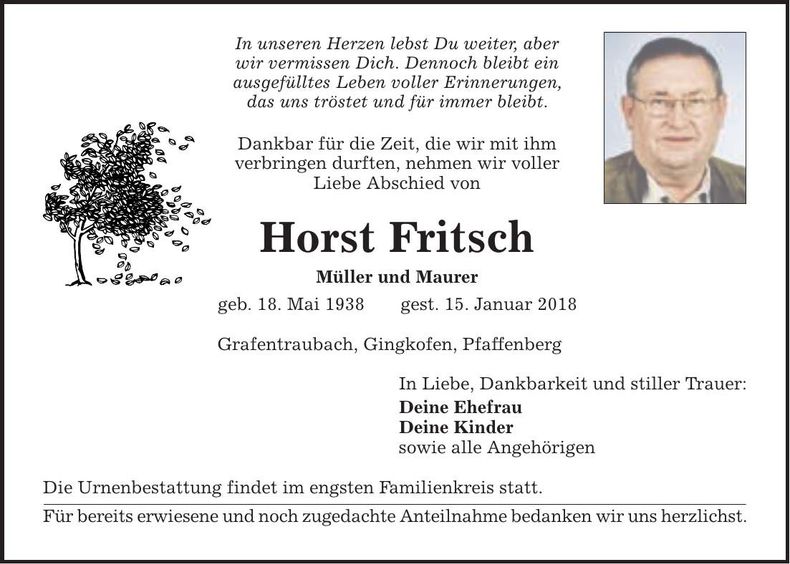 Traueranzeige Horst Fritsch