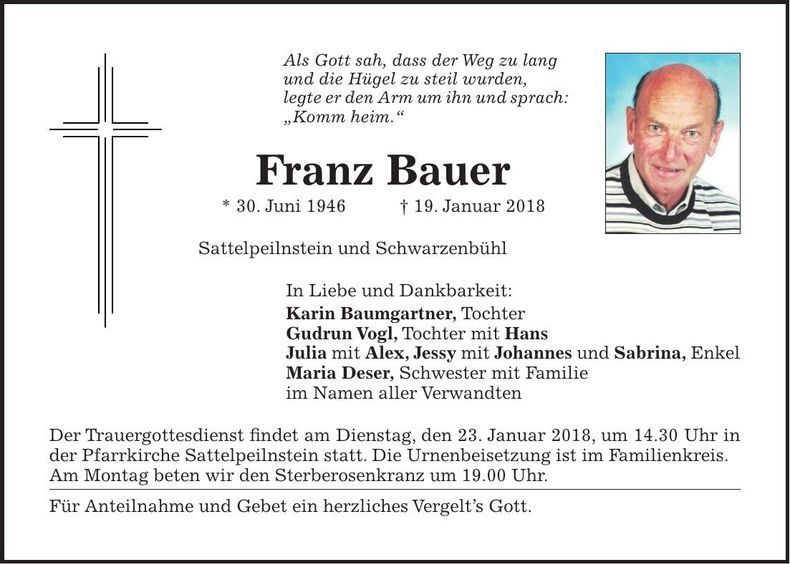 Traueranzeige Franz Bauer