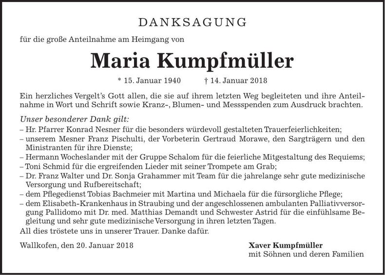 Traueranzeige Maria Kumpfmüller