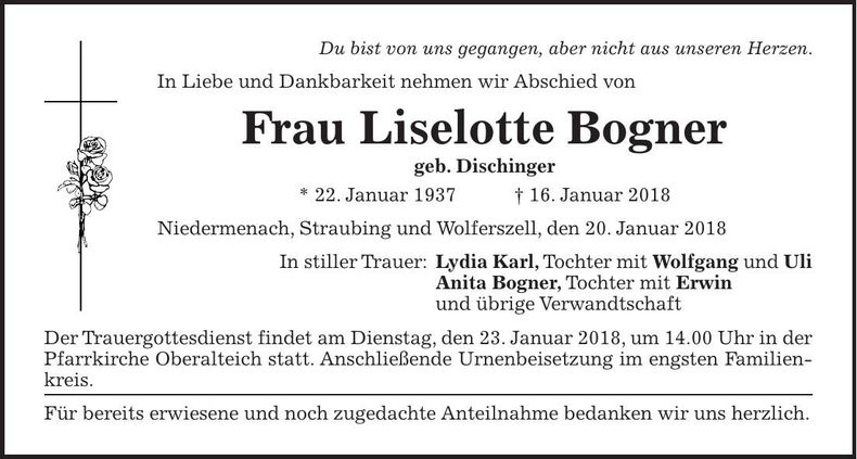 Traueranzeige Lieselotte Bogner