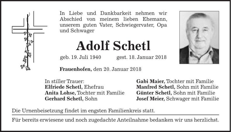Traueranzeige Adolf Schetl