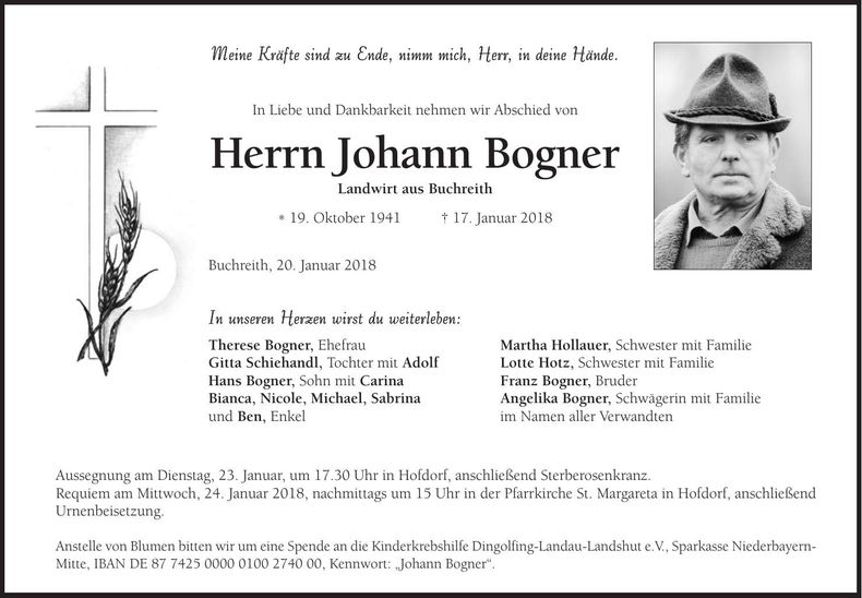 Traueranzeige Johann Bogner