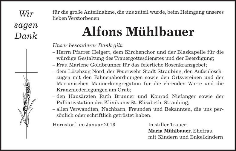 Traueranzeige Alfons Mühlbauer