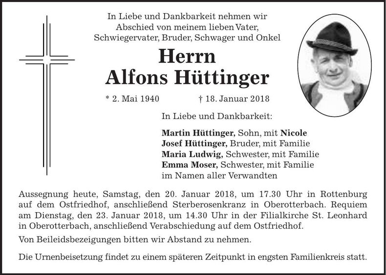 Traueranzeige Alfons Hüttinger