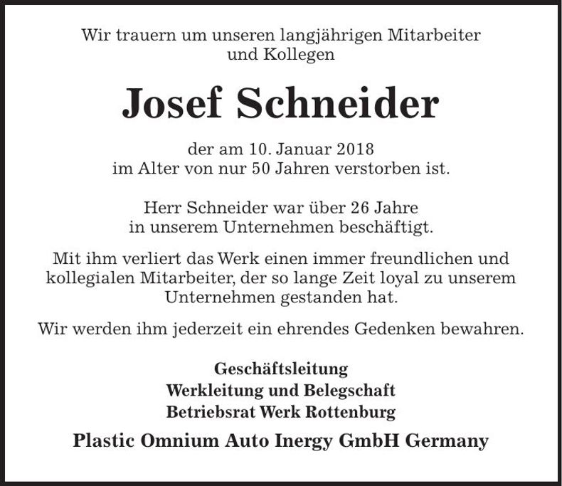 Traueranzeige Josef Schneider