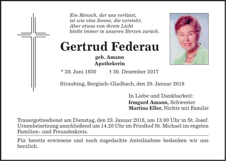 Traueranzeige Gertrud Federau